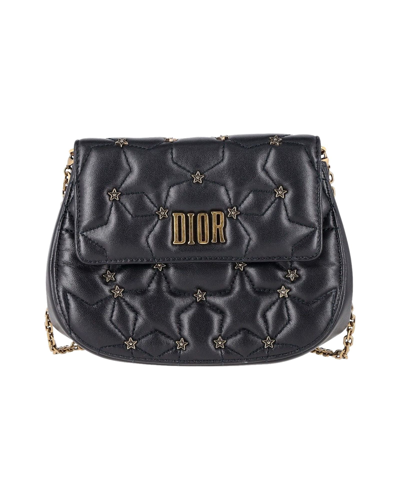 Dior Studded D-Fence Round Clutch with Chain in Black Leather