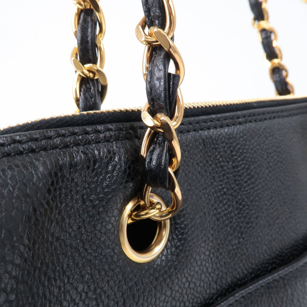 CHANEL Caviar Skin Chain Tote Bag Shoulder Bag Gold Black