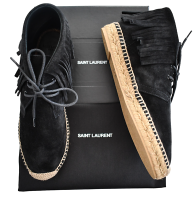 Saint Laurent Suede Fringe Trim Accent LaceUp Boots Black Boots