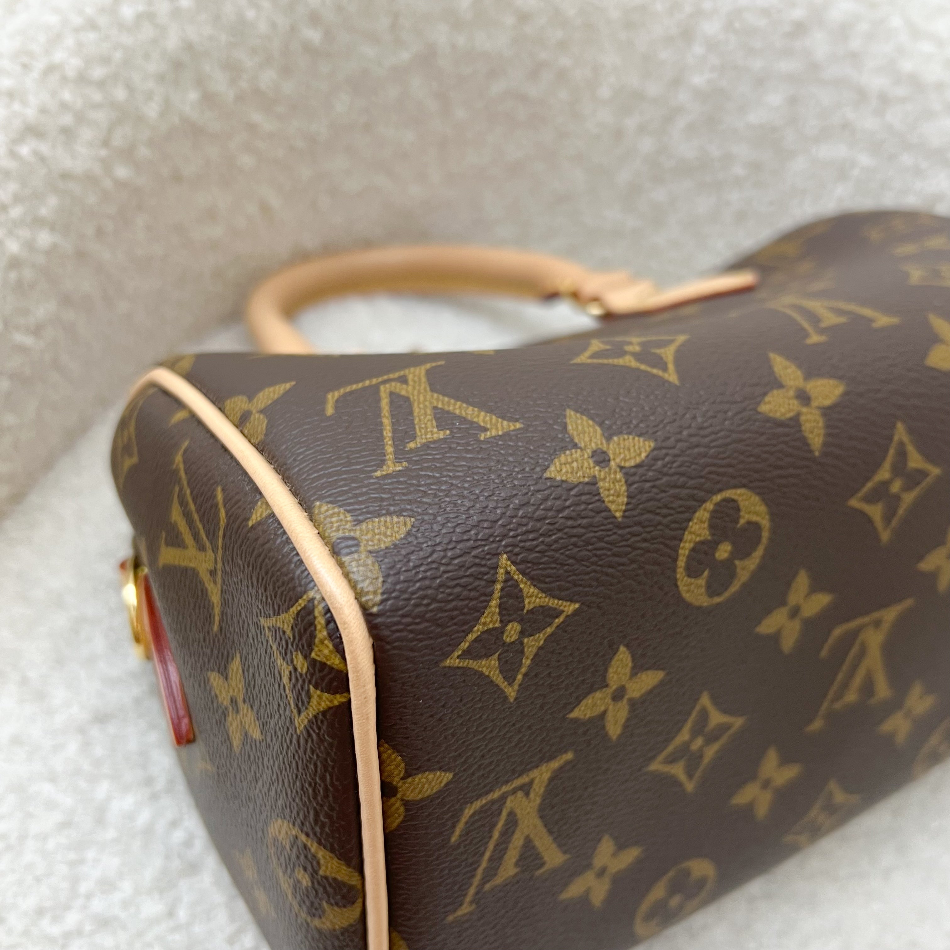 LV Speedy Bandouliere 20 in Monogram Canvas and Pink / Orange Patterned Strap