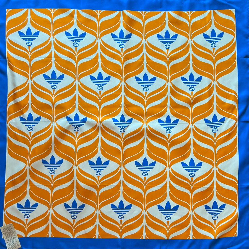 GUCCI x Adidas Orange Blue White Silk GG Monogram Trefoil Print Square Scarf