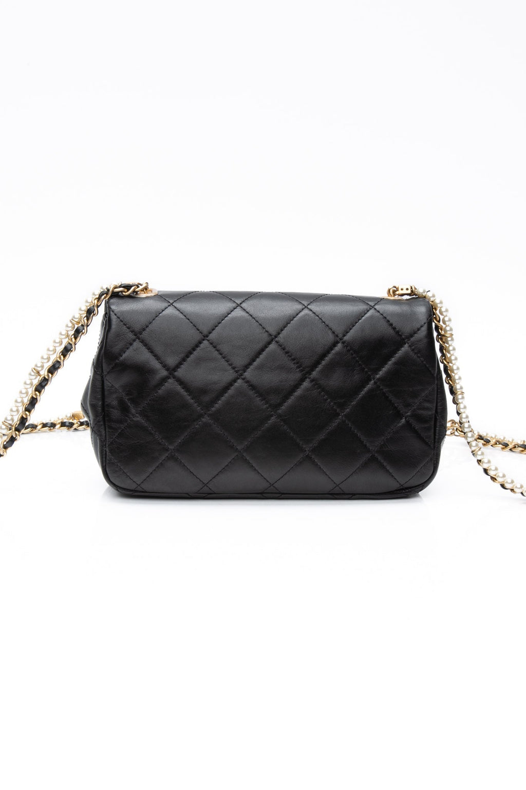 CHANEL Small Black Crystal Pearls Chain Lambskin Quilted Flap Bag