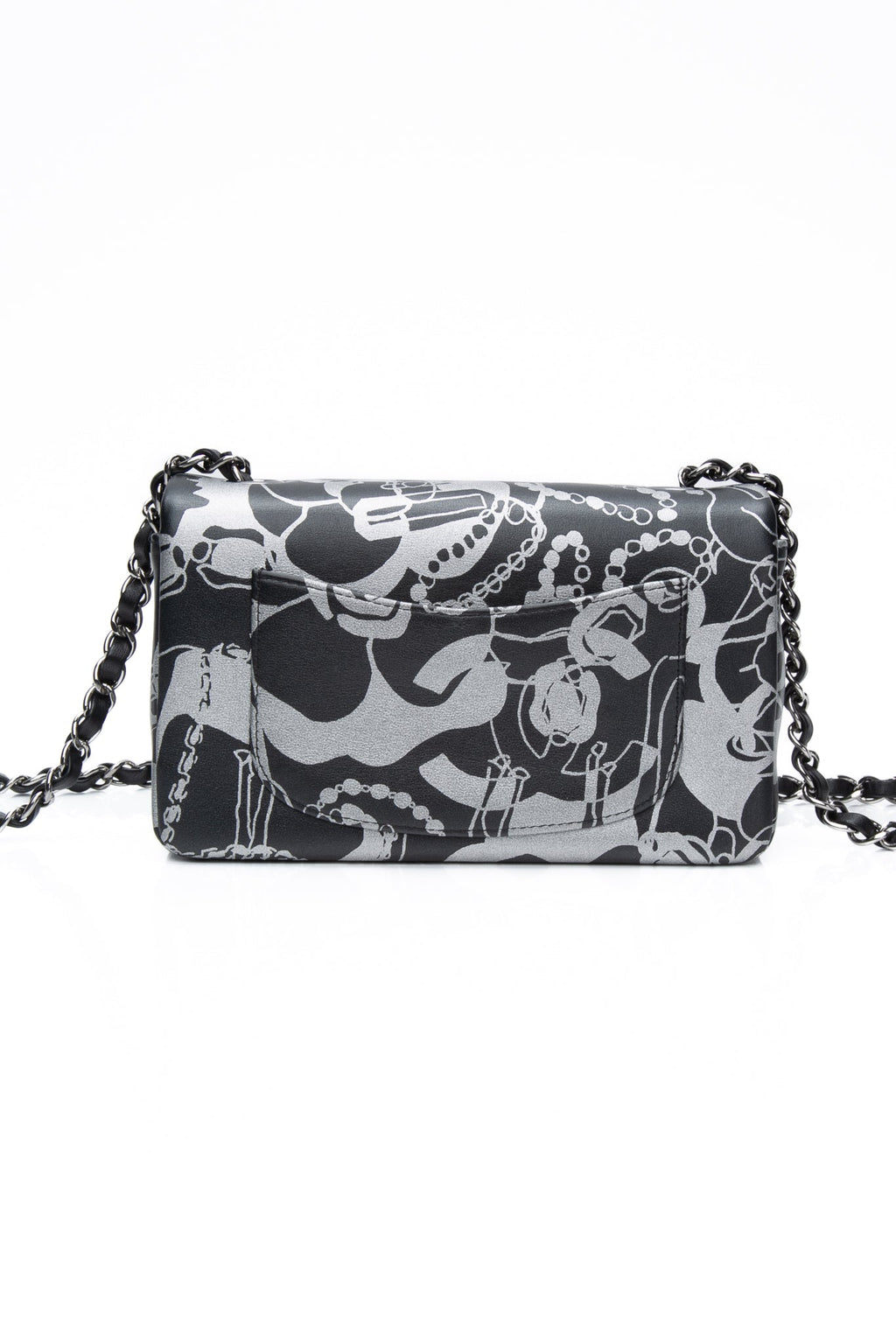 CHANEL 22C Black Silver Printed Lambskin Leather Rectangular Mini Flap Bag