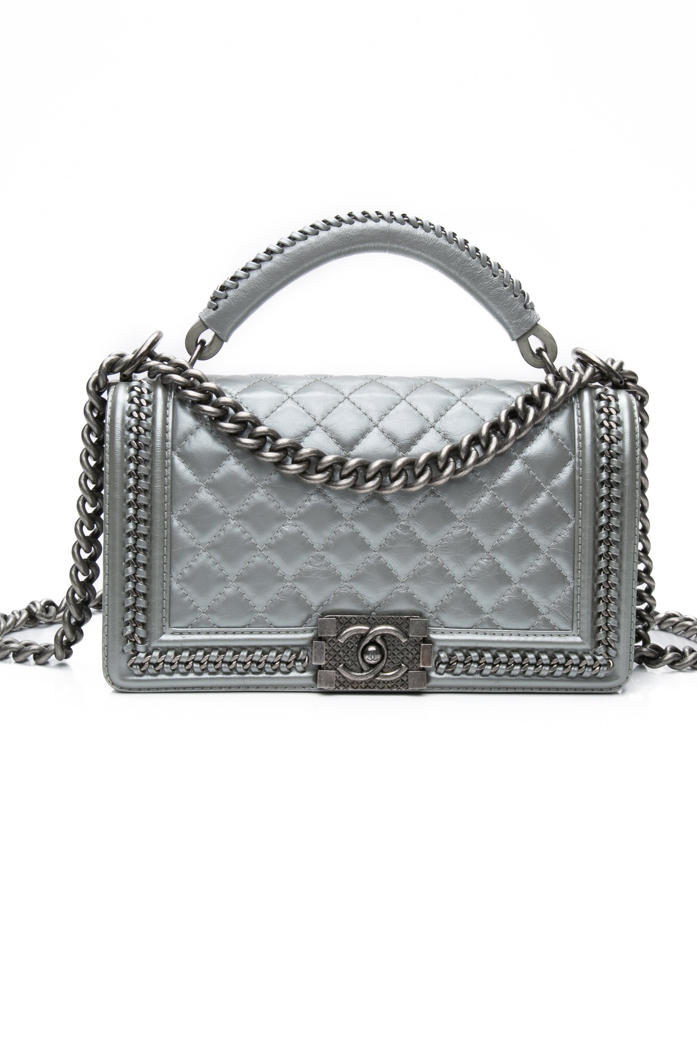 Chanel Silver Metallic Calfskin Quilted Medium Top Handle Boy Flap