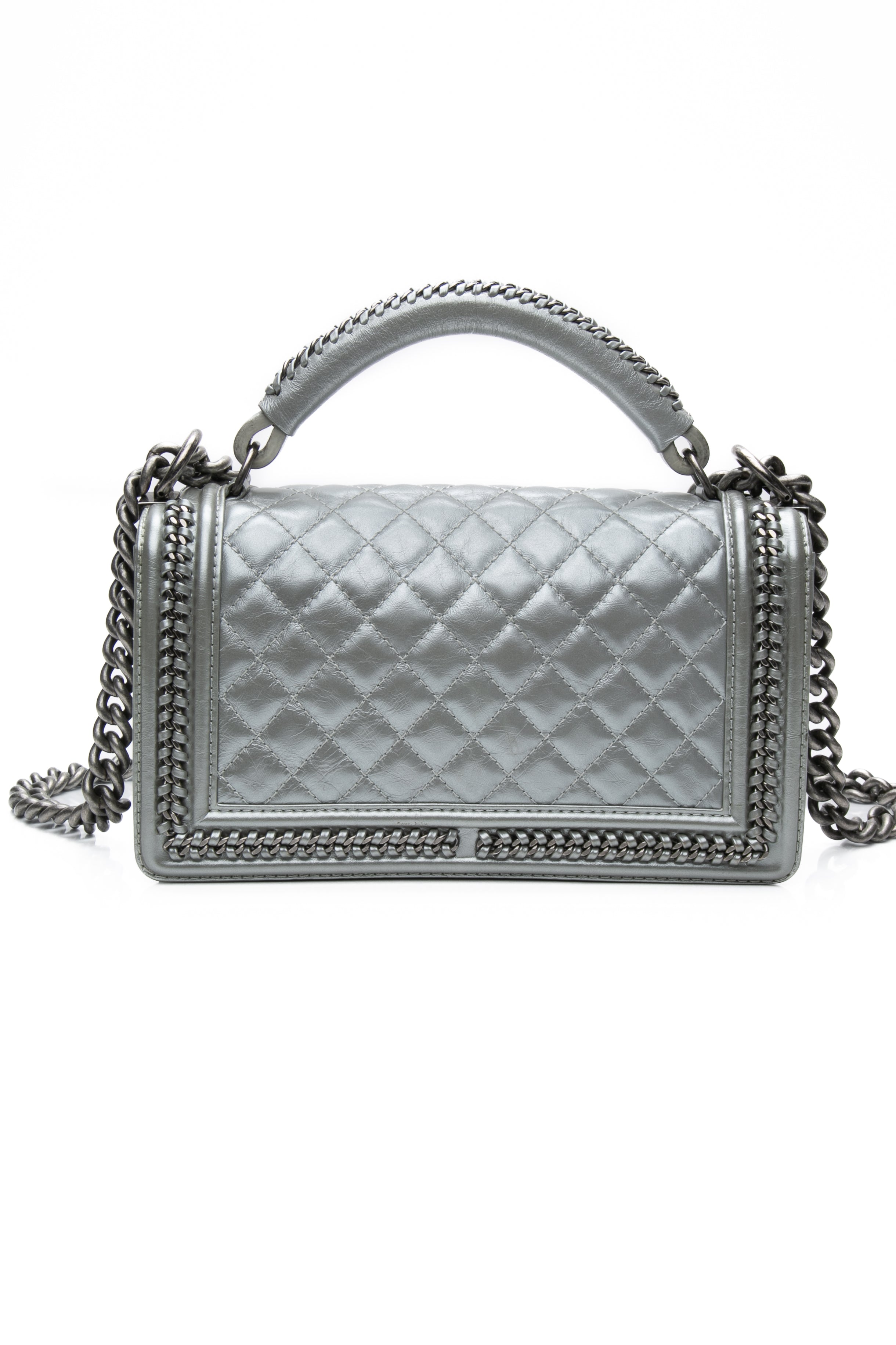 Chanel Silver Metallic Calfskin Quilted Medium Top Handle Boy Flap