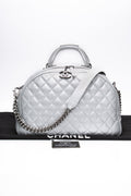 CHANEL Silver Metallic Calfskin Quilted Medium Airlines Round Trip Bowling Bag