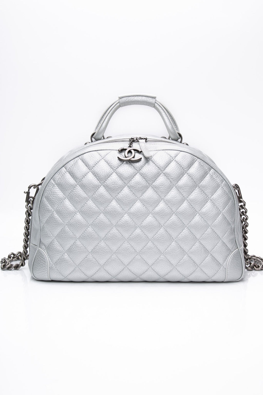 CHANEL Silver Metallic Calfskin Quilted Medium Airlines Round Trip Bowling Bag