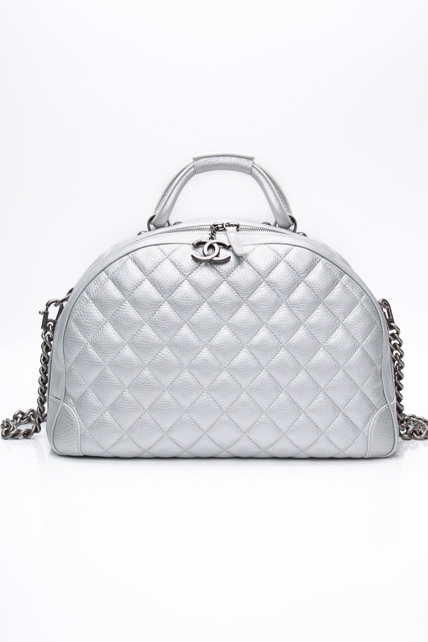 CHANEL Silver Metallic Calfskin Quilted Medium Airlines Round Trip Bowling Bag