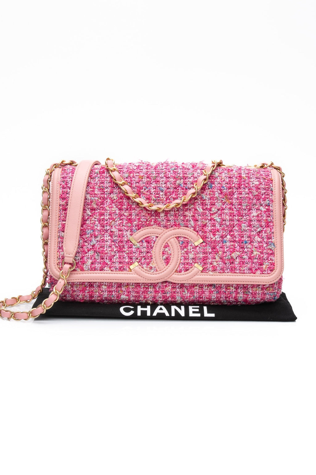 CHANEL Pink Filigree Flap Bag Quilted Tweed Medium