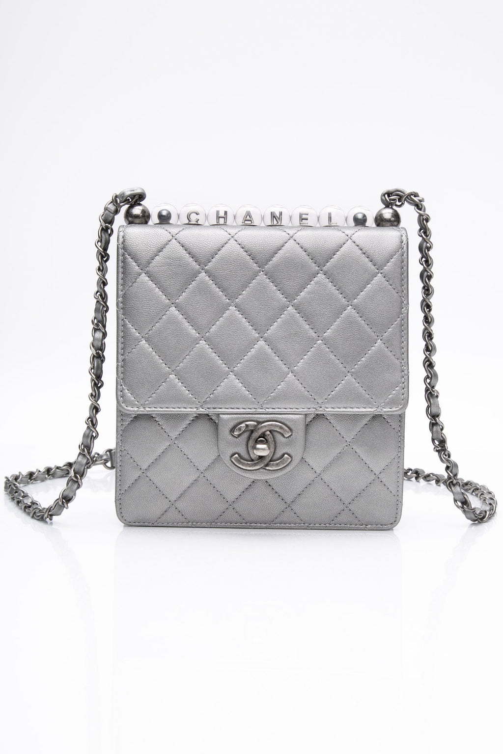 CHANEL Silver Metallic Goatskin Quilted Chic Pearls Flap Bag