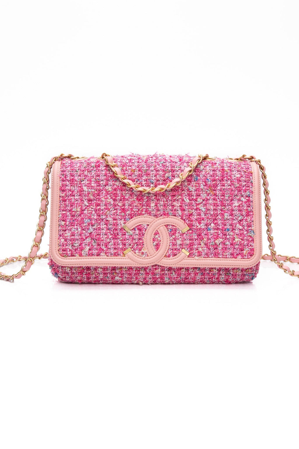 CHANEL Pink Filigree Flap Bag Quilted Tweed Medium