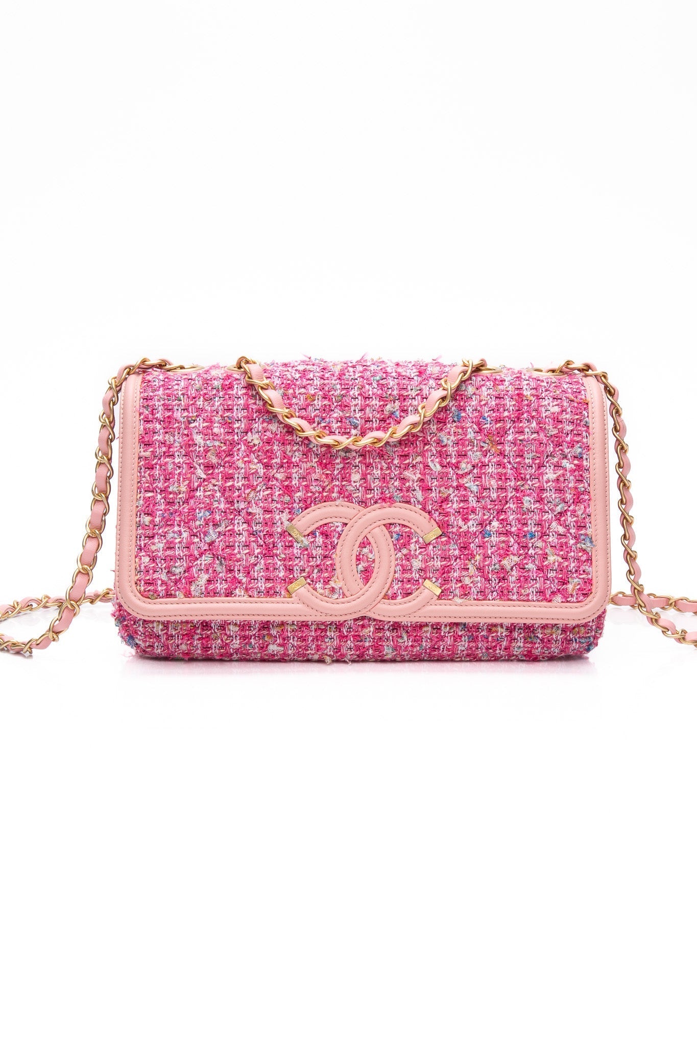 CHANEL Pink Filigree Flap Bag Quilted Tweed Medium