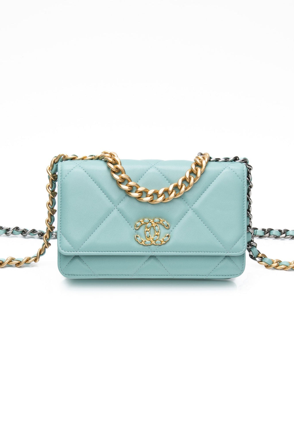 CHANEL 20C Tiffany Blue Lambskin Quilted Wallet On Chain WOC
