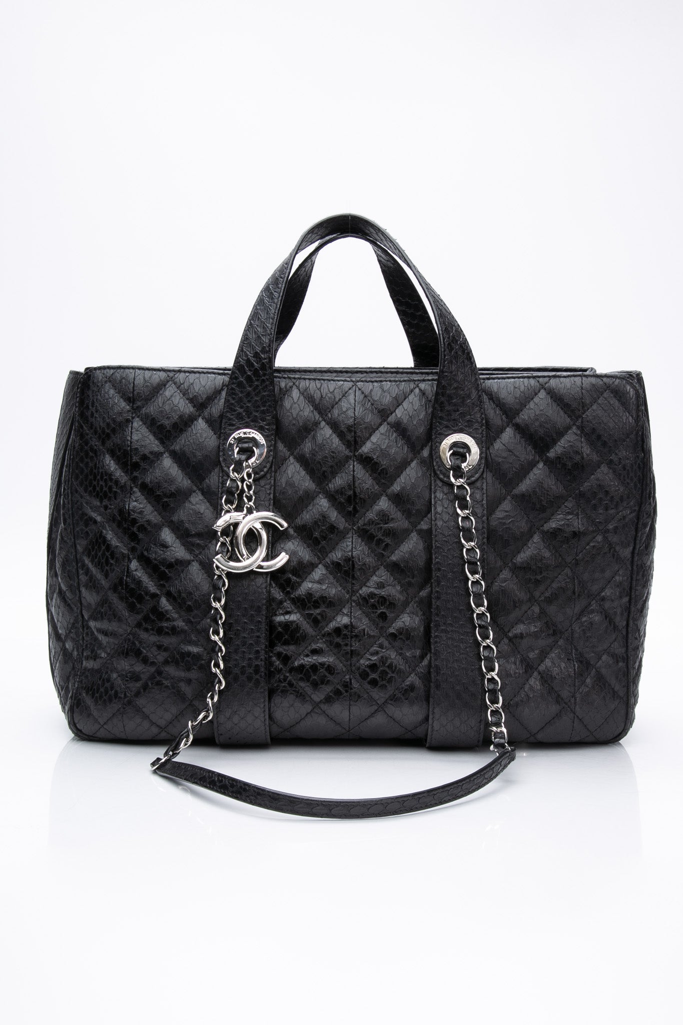 CHANEL Large Black Quilted Leather Python Easy Carry Tote