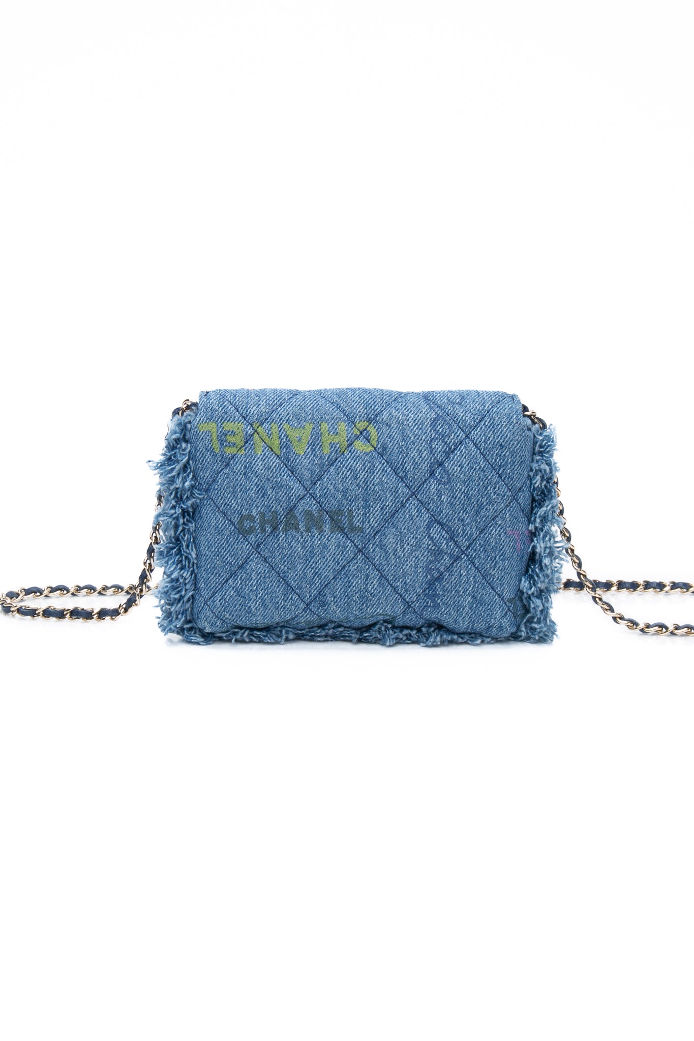 CHANEL 22P Blue Denim Micro Graffiti CC Logo Crossbody
