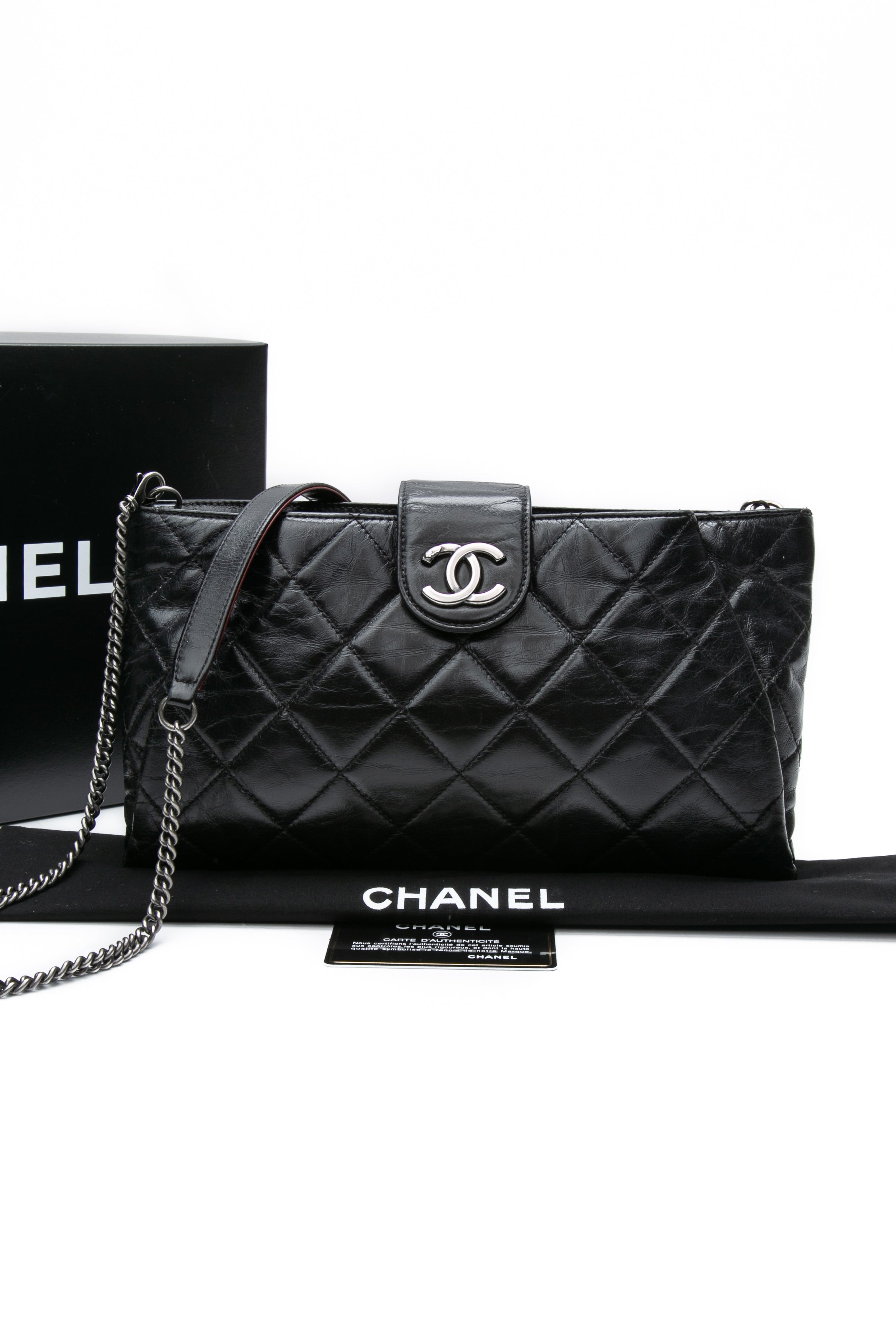 CHANEL Black Glazed Calfskin Quilted Coco Pleats Chain Clutch Bag