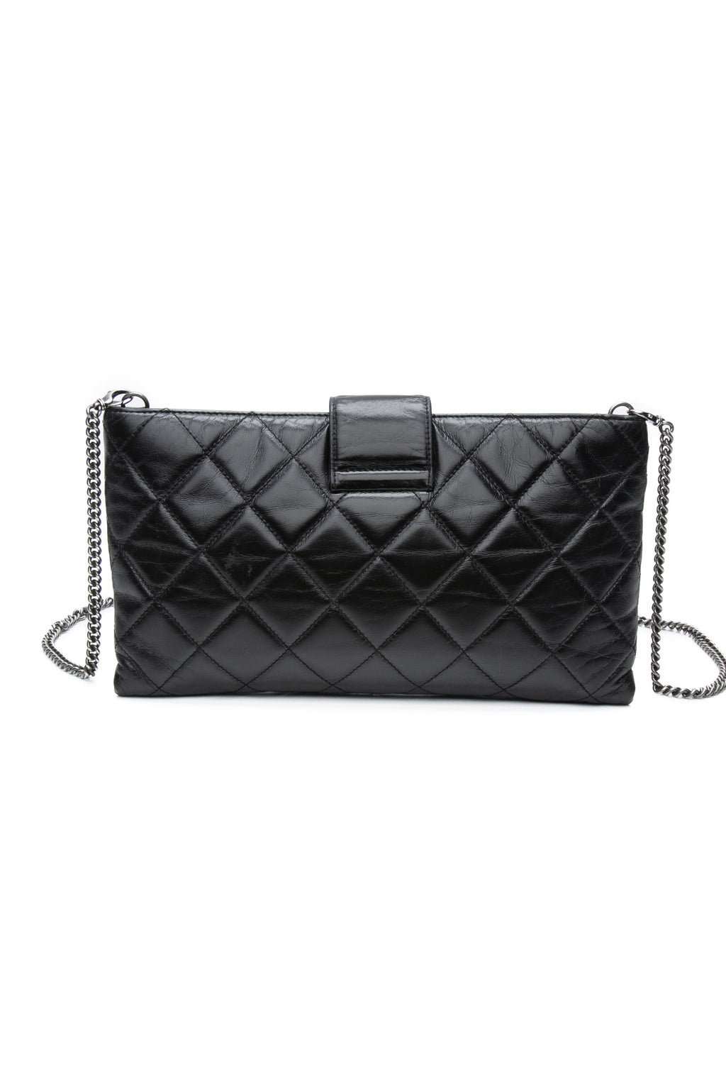 CHANEL Black Glazed Calfskin Quilted Coco Pleats Chain Clutch Bag