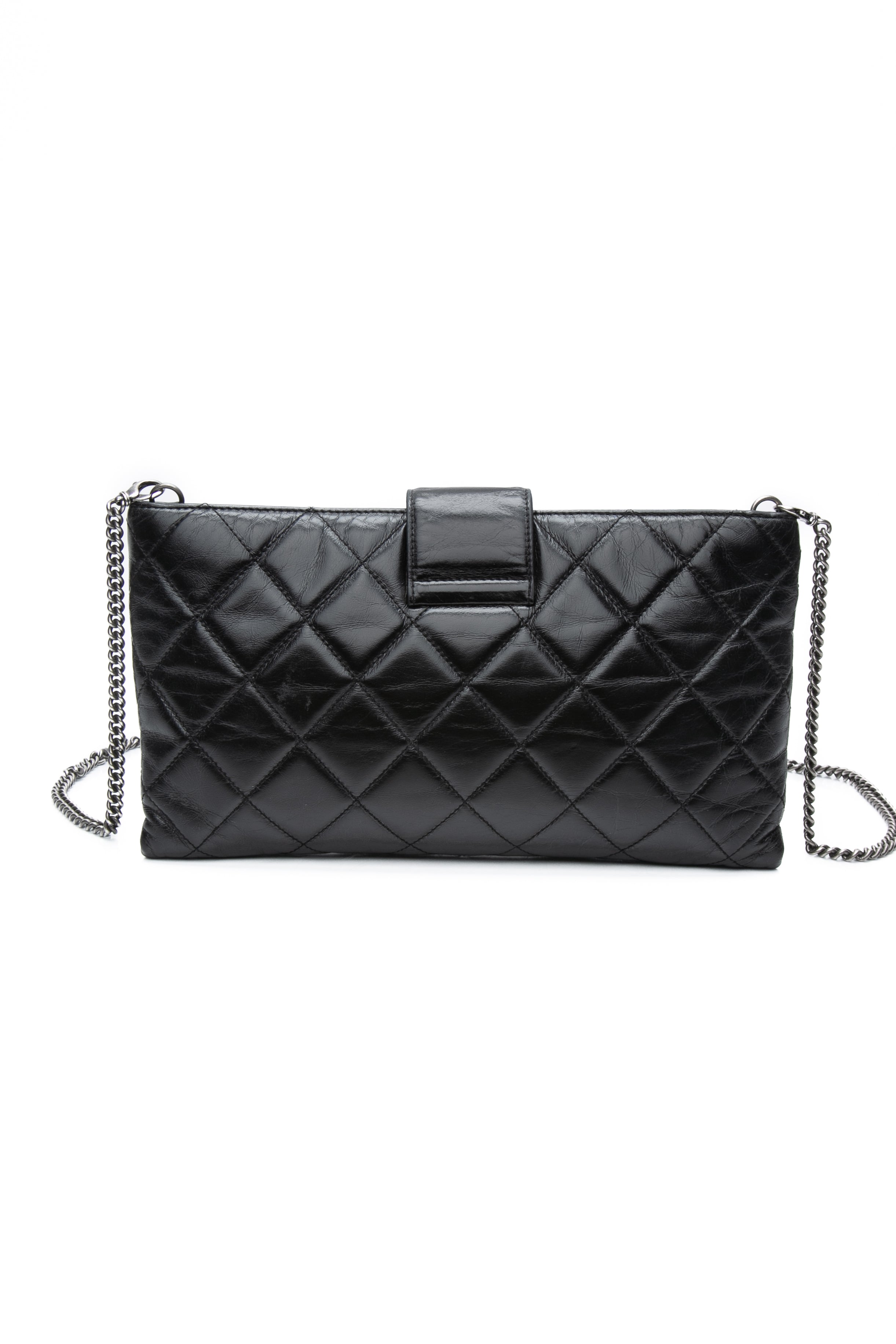 CHANEL Black Glazed Calfskin Quilted Coco Pleats Chain Clutch Bag