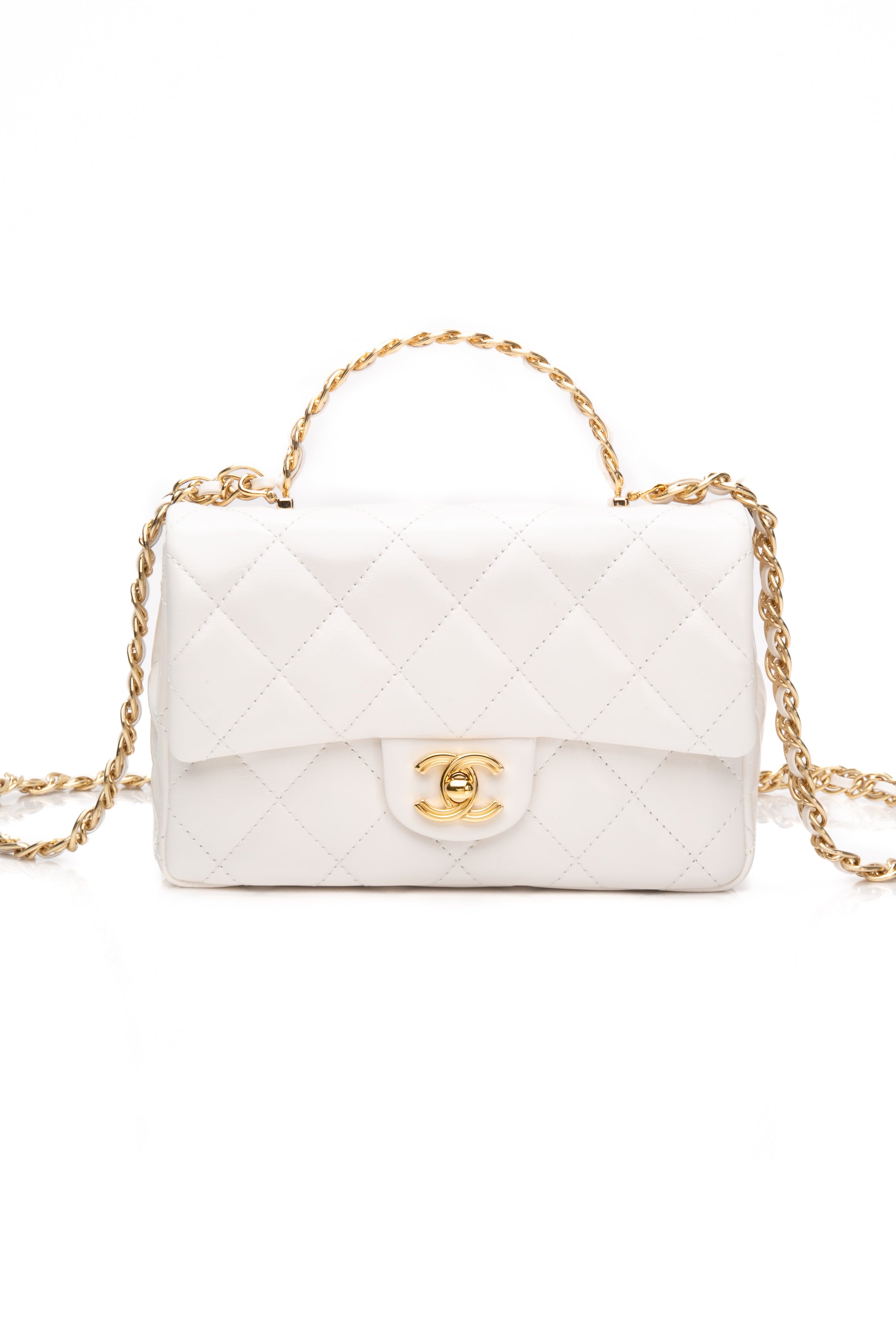 CHANEL Mini White Quilted Calfskin Top Handle Flap Bag with Chain