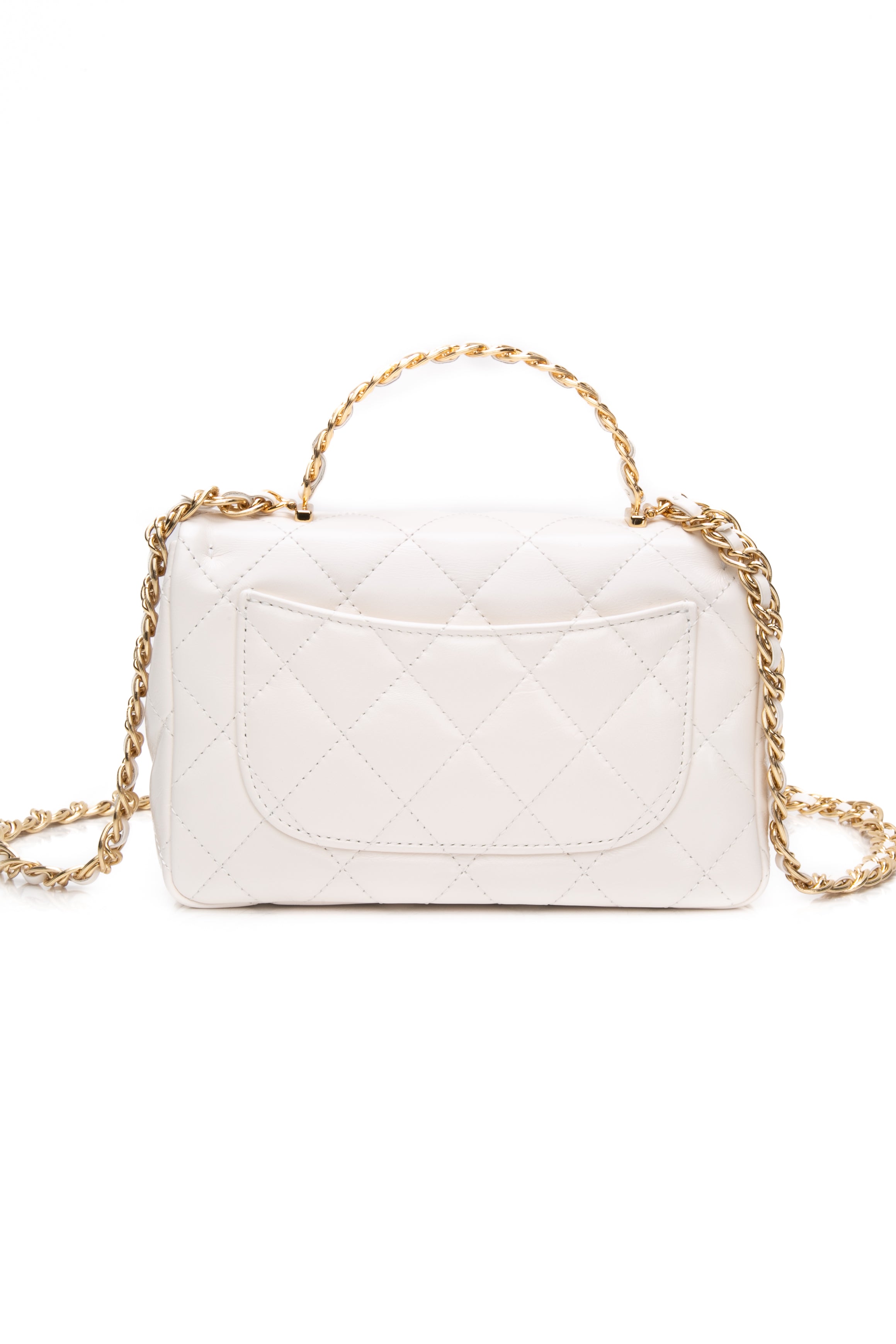 CHANEL Mini White Quilted Calfskin Top Handle Flap Bag with Chain