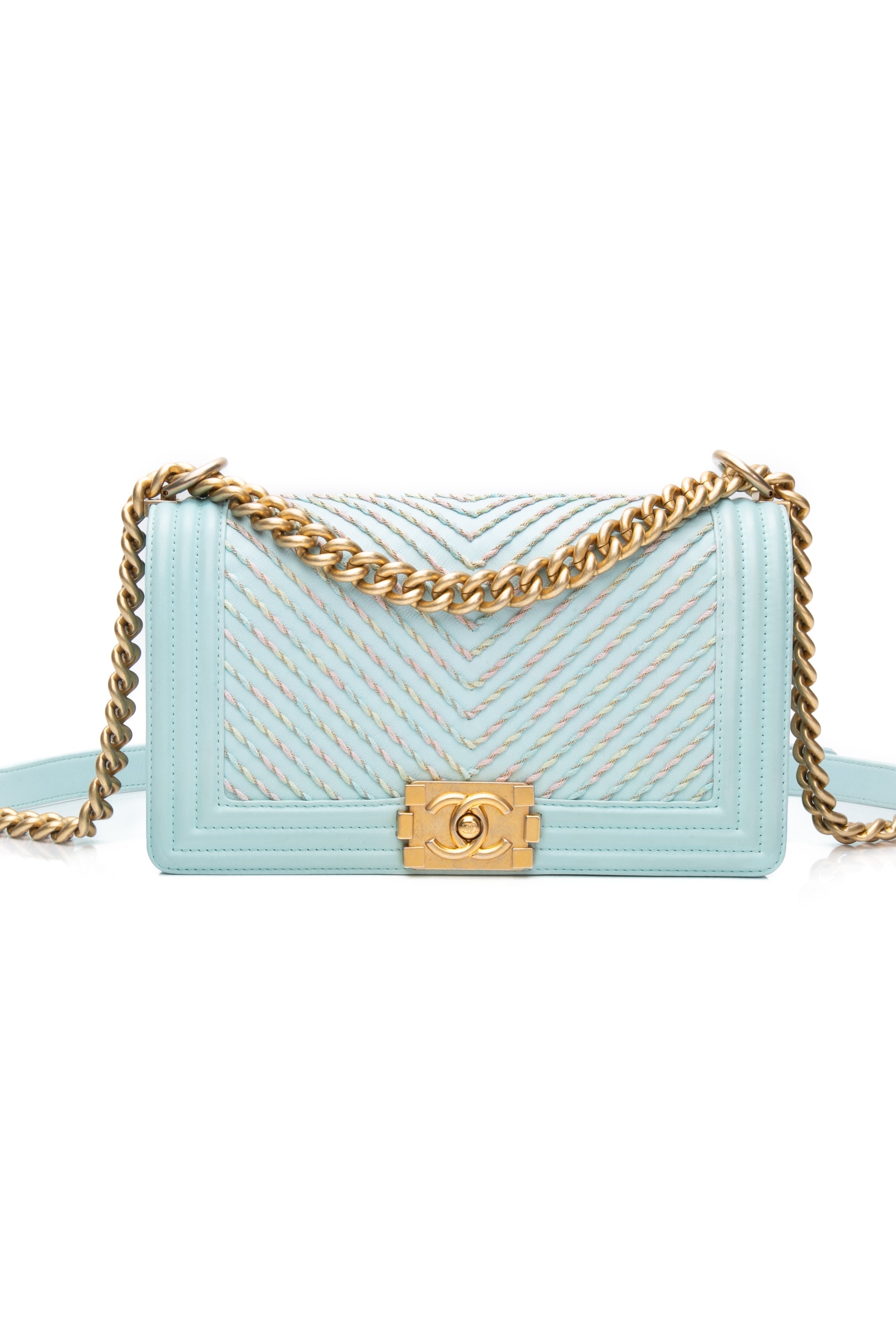 CHANEL Light Blue Calfskin Chevron Embroidered Medium Boy By The Sea Flap Bag