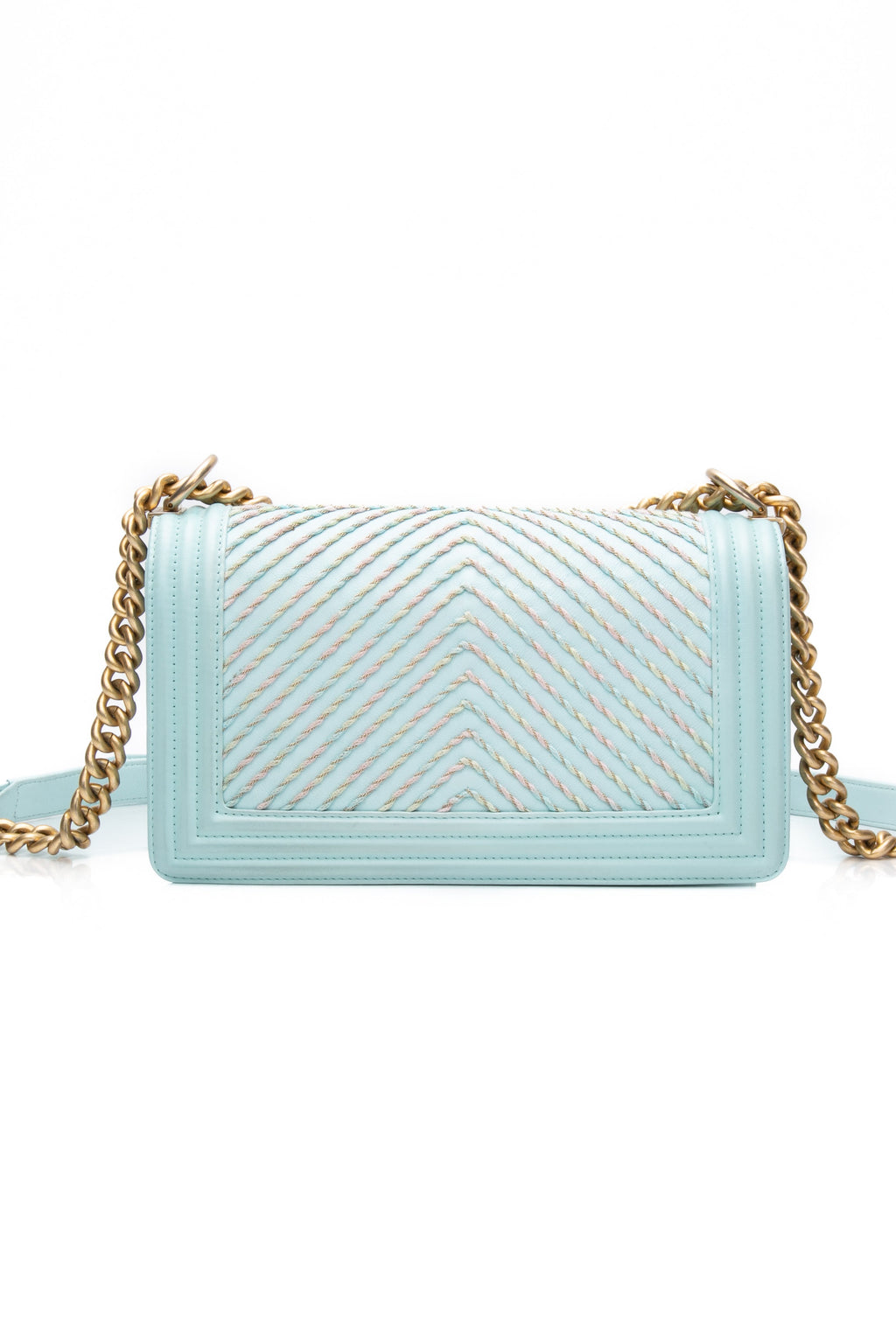 CHANEL Light Blue Calfskin Chevron Embroidered Medium Boy By The Sea Flap Bag