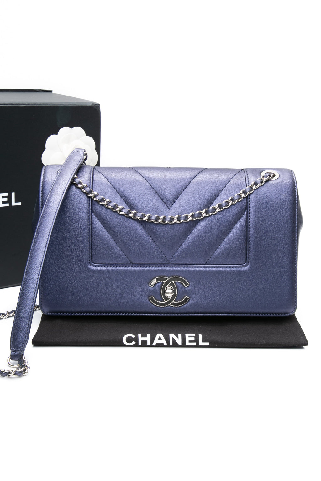 CHANEL Blue Metallic Sheepskin Chevron Quilted Medium Mademoiselle Flap Bag