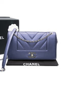 CHANEL Blue Metallic Sheepskin Chevron Quilted Medium Mademoiselle Flap Bag