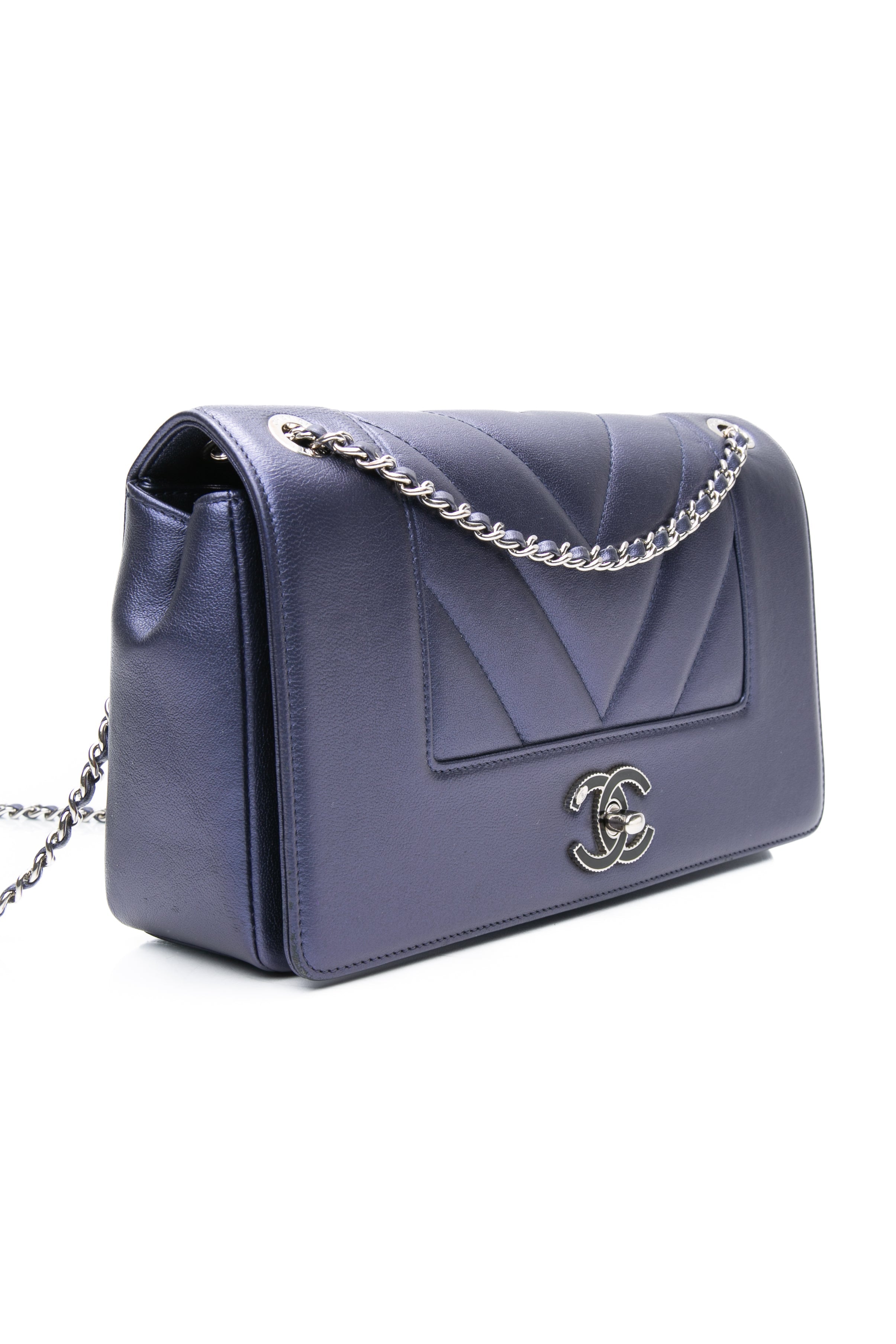 CHANEL Blue Metallic Sheepskin Chevron Quilted Medium Mademoiselle Flap Bag