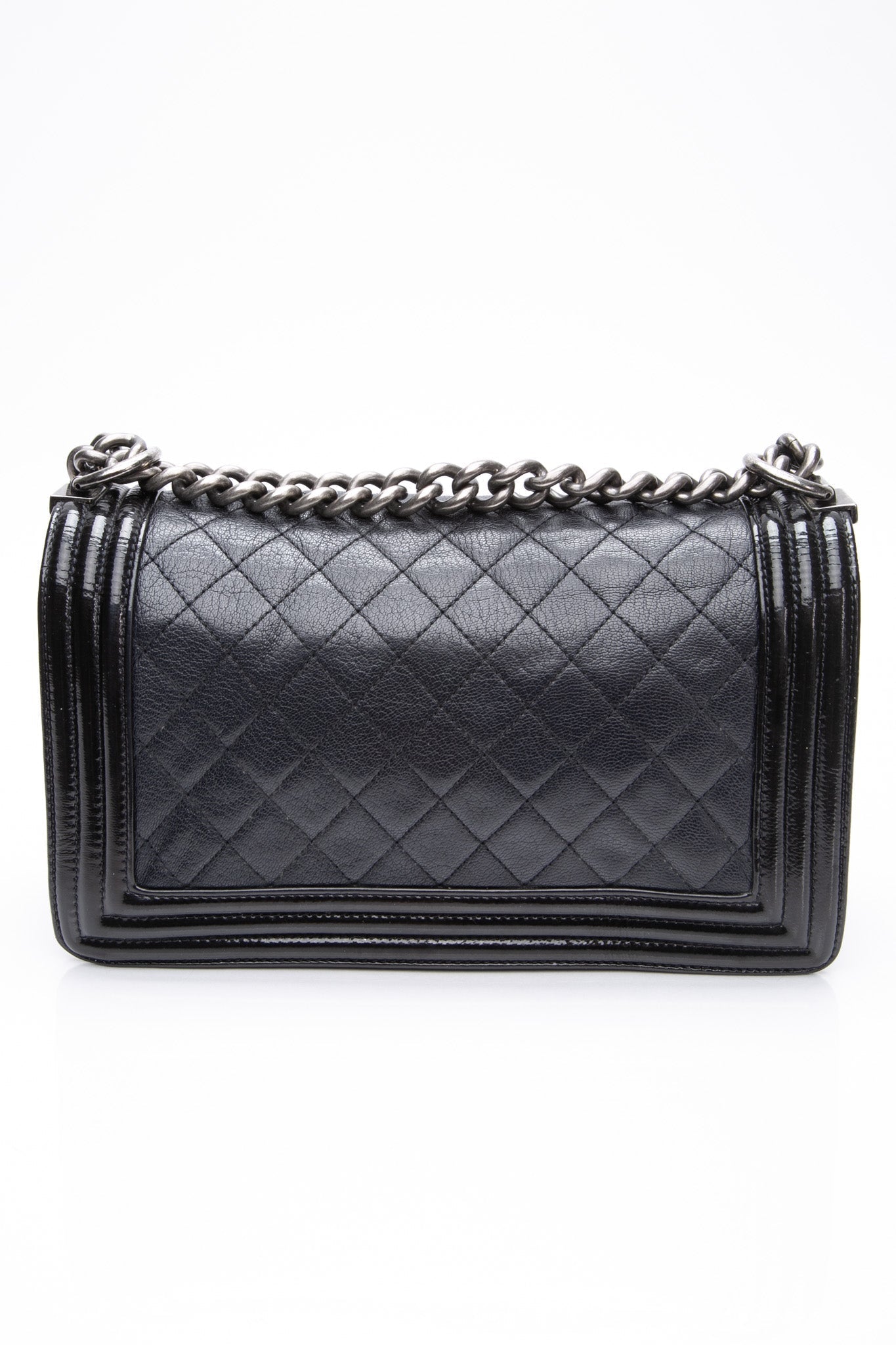 CHANEL Black Goatskin with Patent Quilted Medium Boy Flap Bag