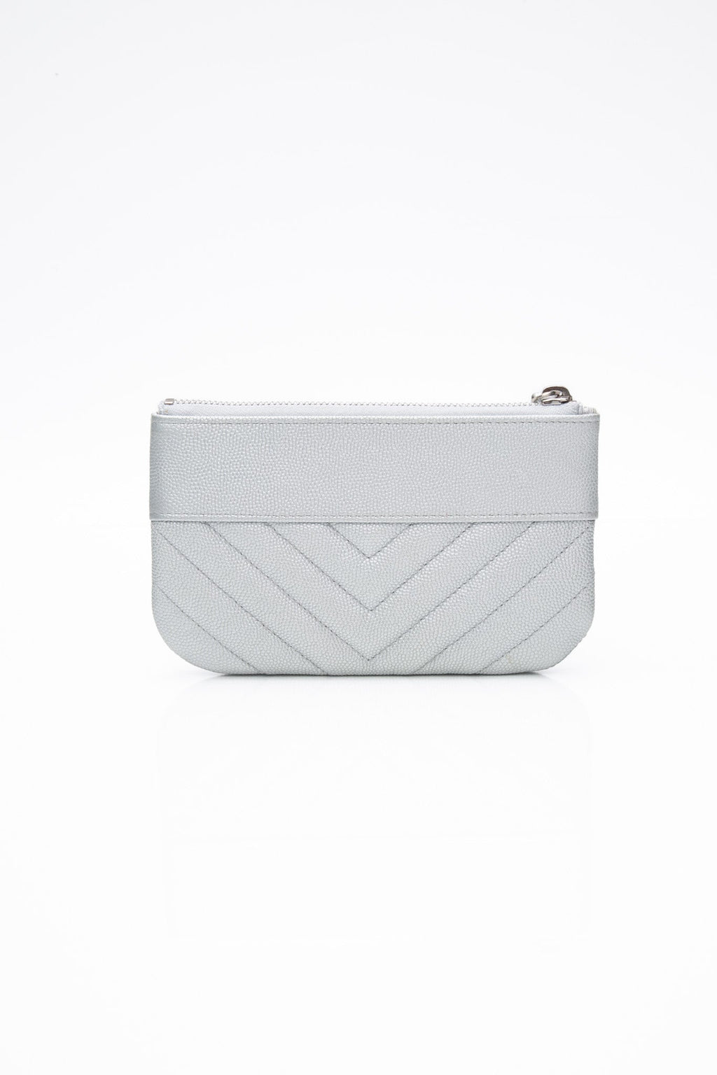 CHANEL Metallic Silver Caviar Chevron Quilted Small Mademoiselle Zip Pouch Case