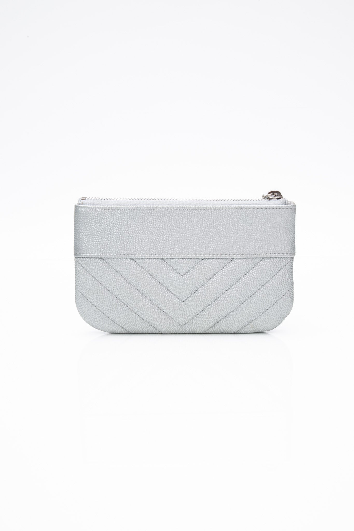 CHANEL Metallic Silver Caviar Chevron Quilted Small Mademoiselle Zip Pouch Case