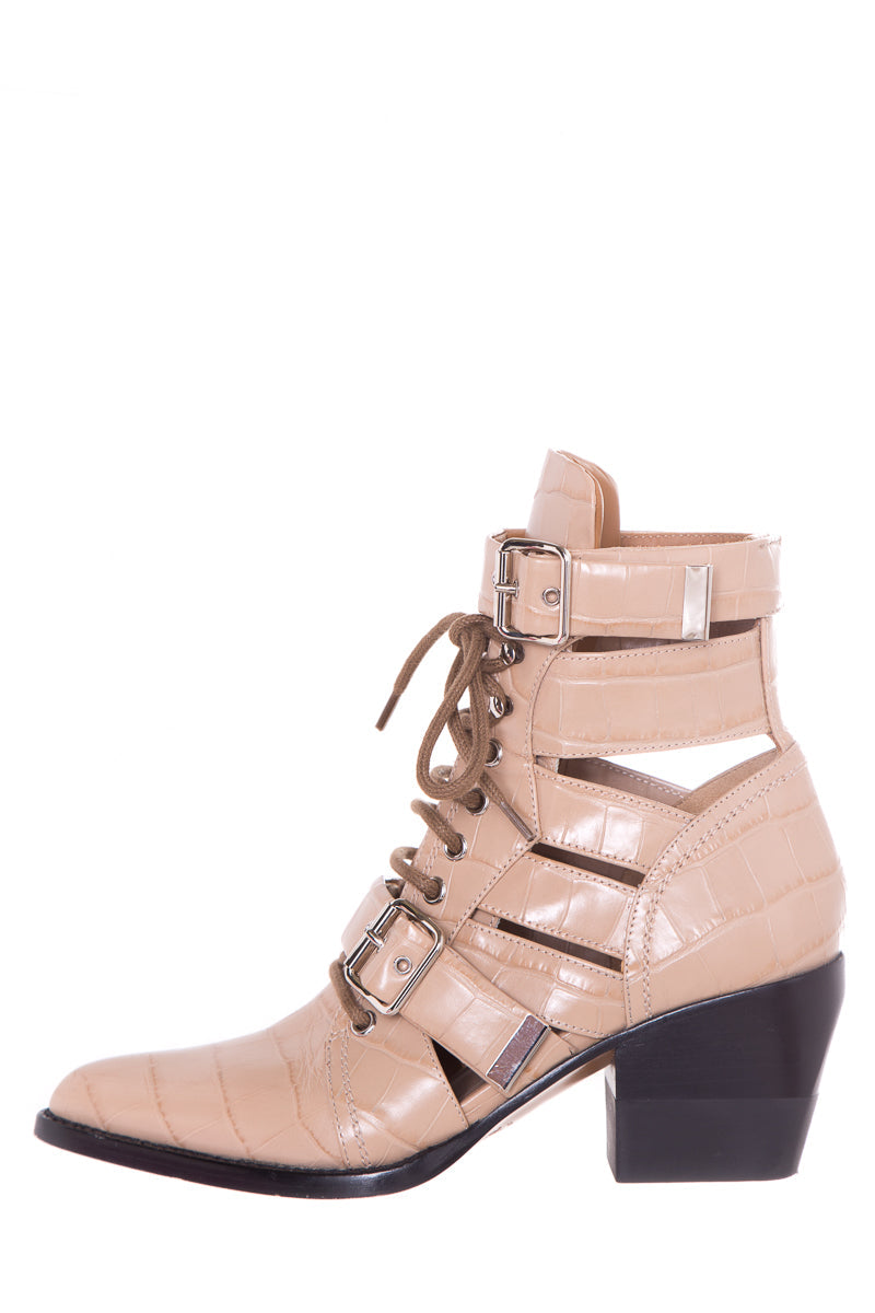 Chloe Tan Rylee Alligator Lace Up  Boots SZ 39