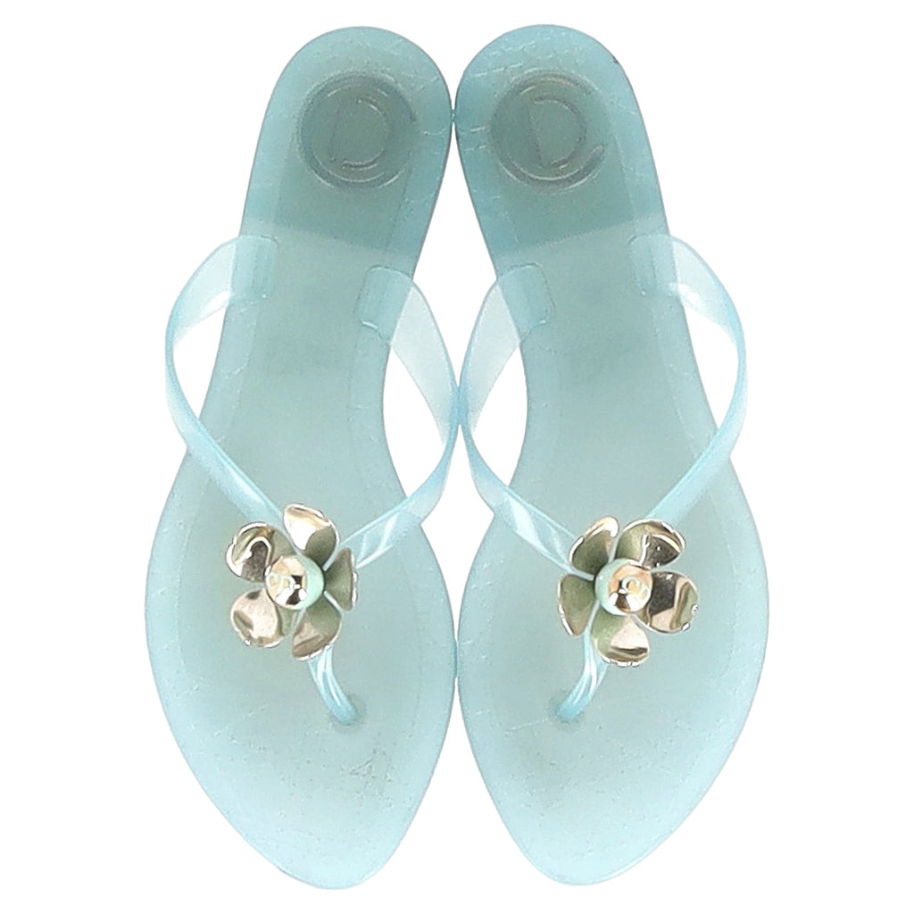 Dior Flower Detail Flip Flops in Light Blue Plastic