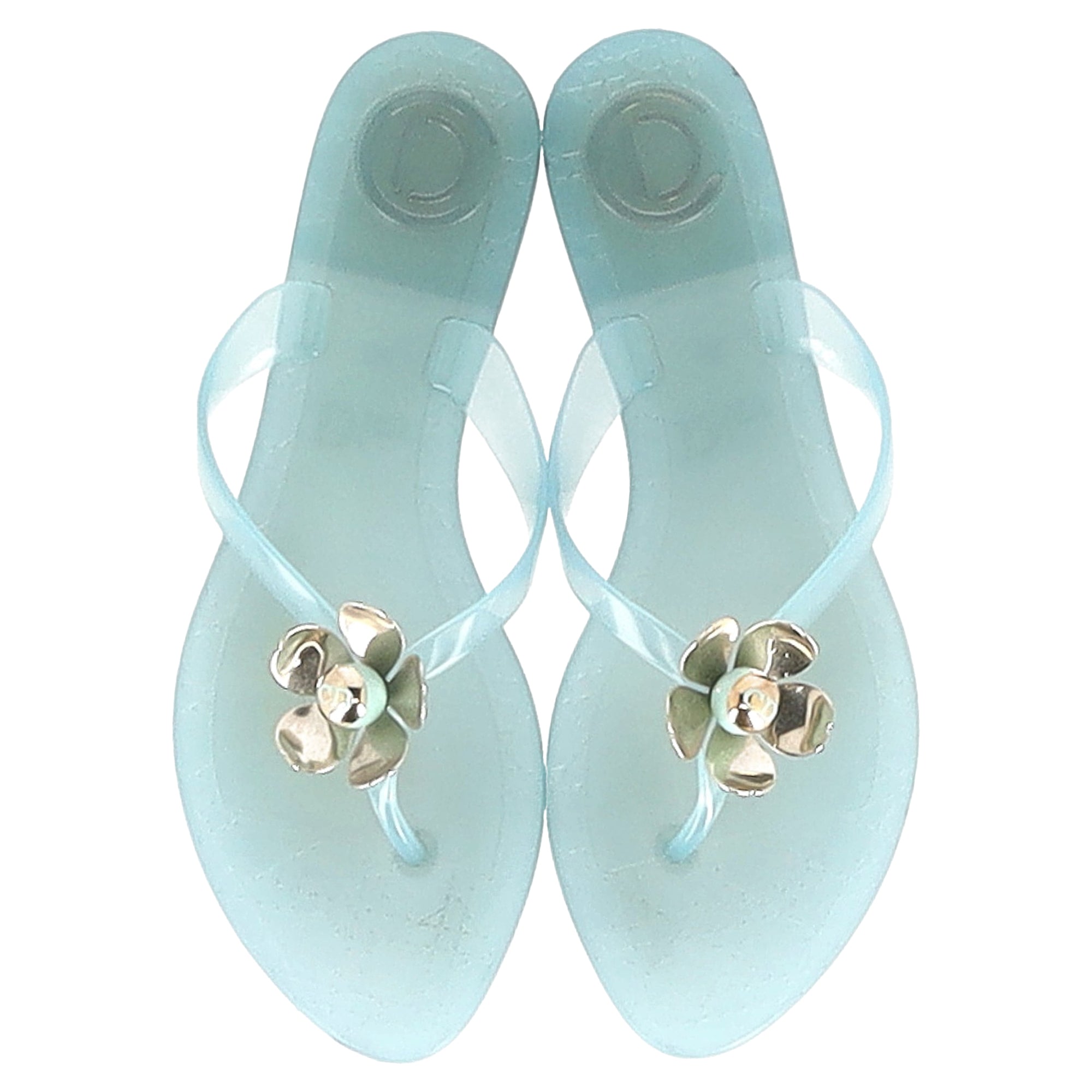 Dior Flower Detail Flip Flops in Light Blue Plastic