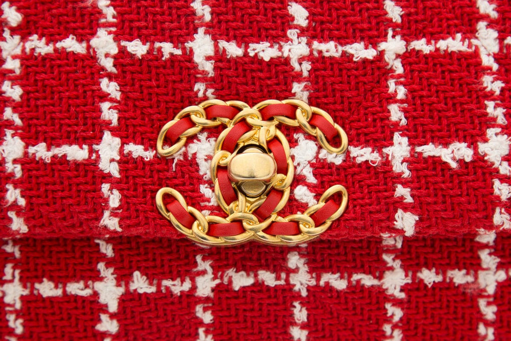 Chanel Tweed Quilted Flap  Red & White Handbag