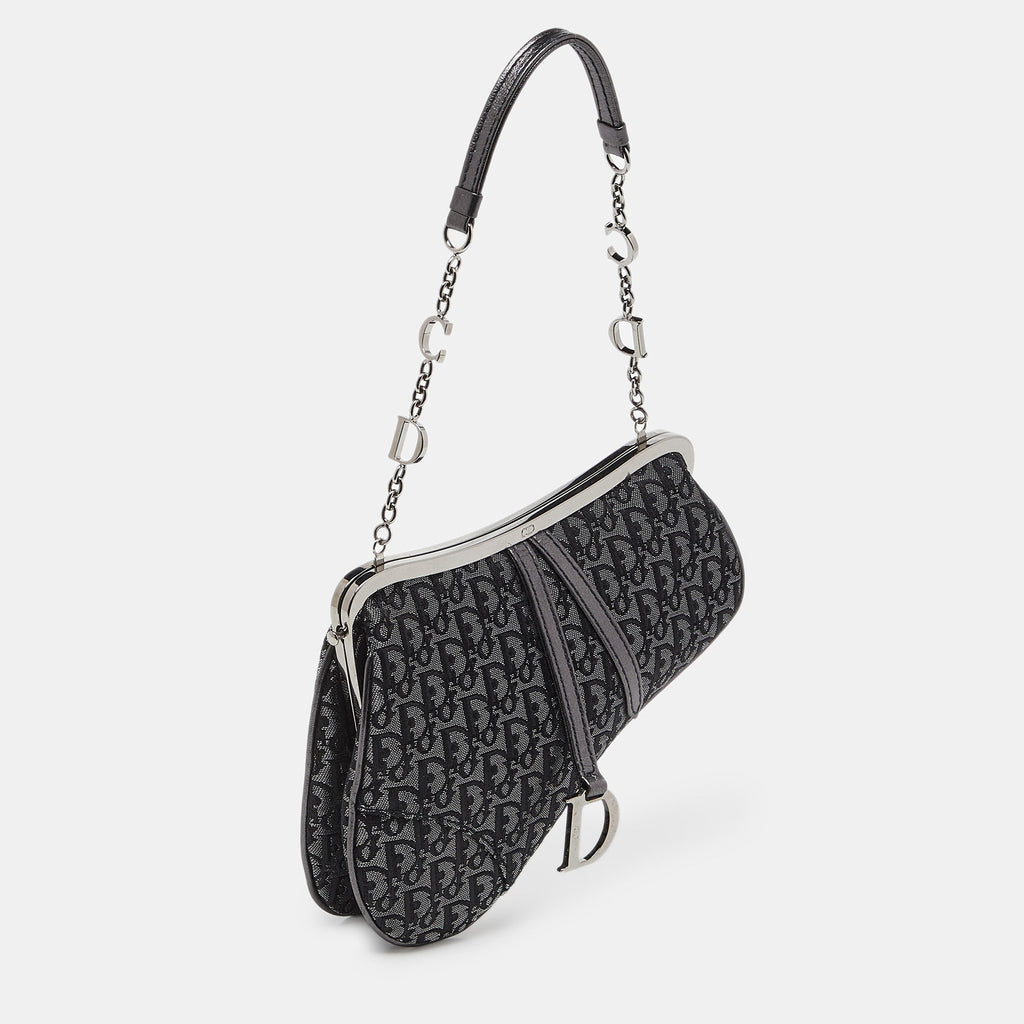Dior /grey Lurex Fabric And Leather Vintage Saddle Frame Pochette
