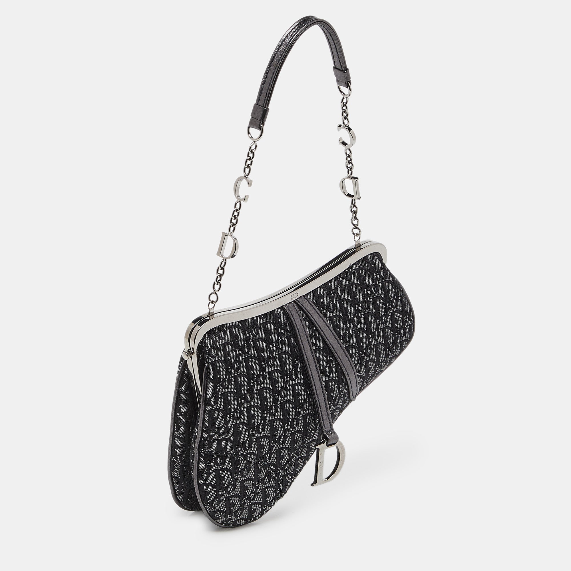 Dior /grey Lurex Fabric And Leather Vintage Saddle Frame Pochette
