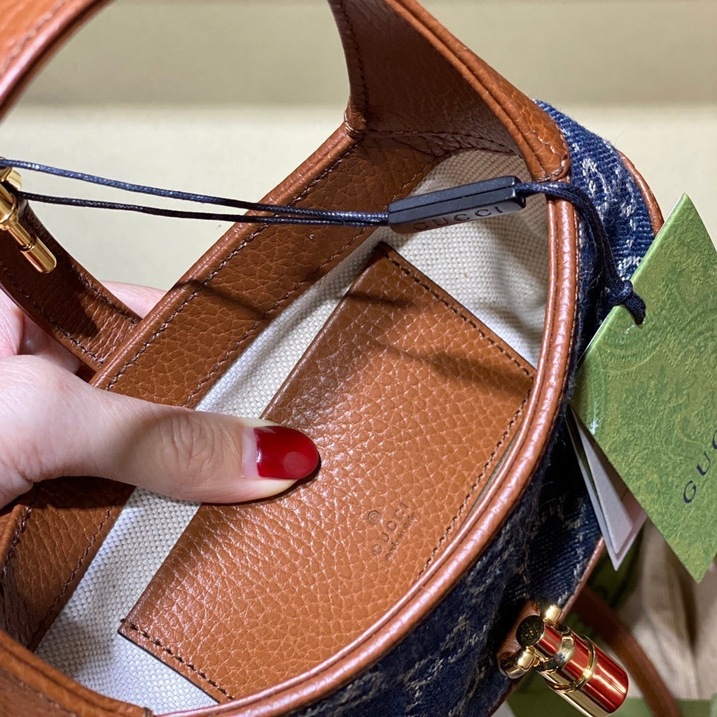 gg Jackie 1961 Mini Shoulder Bag Dark Blue And Ivory Eco Washed Organic gg Jacquard Denim For Women 7.5in/19cm gg 637092 2KQgg 8375