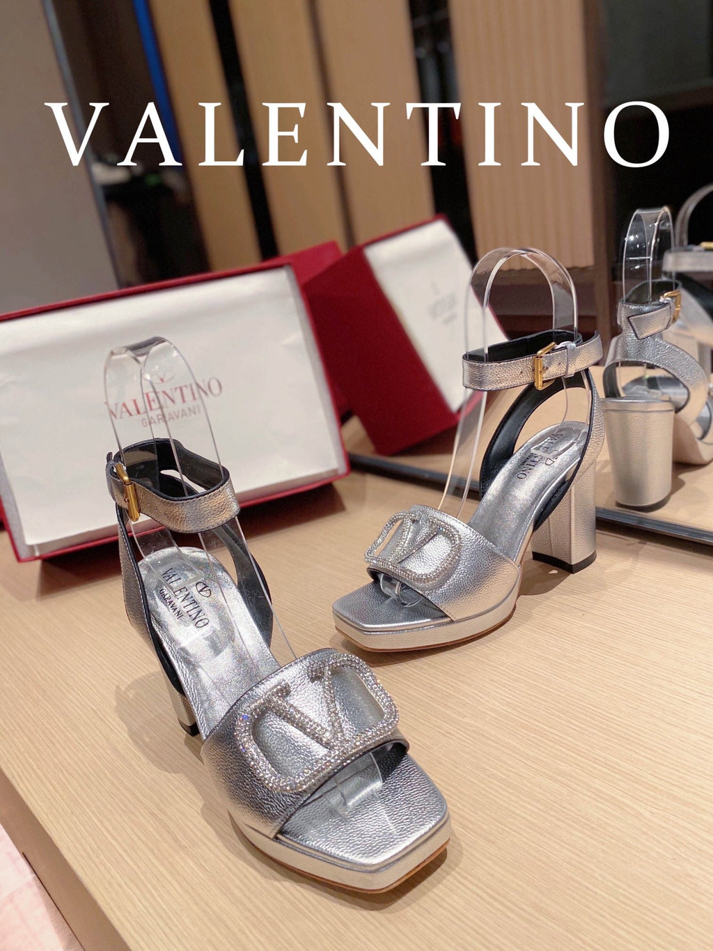 Valentino Garavani Strap Heeled Sandals With V Logo Crystal EmbellisGLAMIent Silver For Women