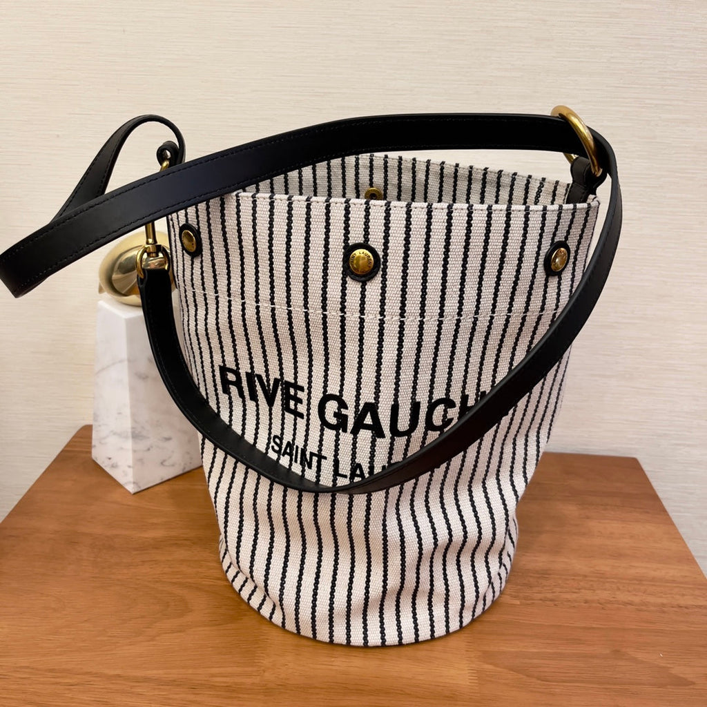 GLAMI Rive Gauche Bucket Bag In Striped Canvas For Women 11.8in/30cm Black And White YSL 669299FAAE59583