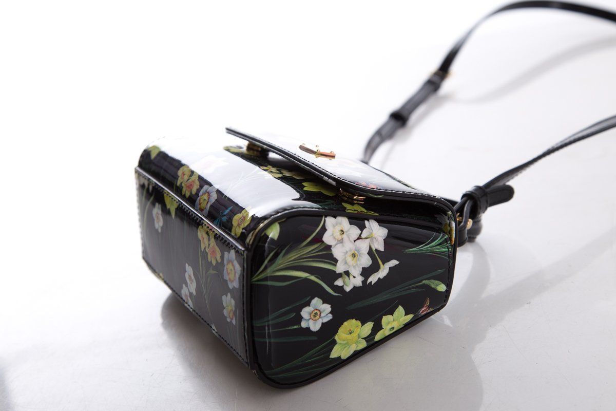 Dolce & Gabbana Black & Yellow Patent Leather Floral Motif Crossbody Bag