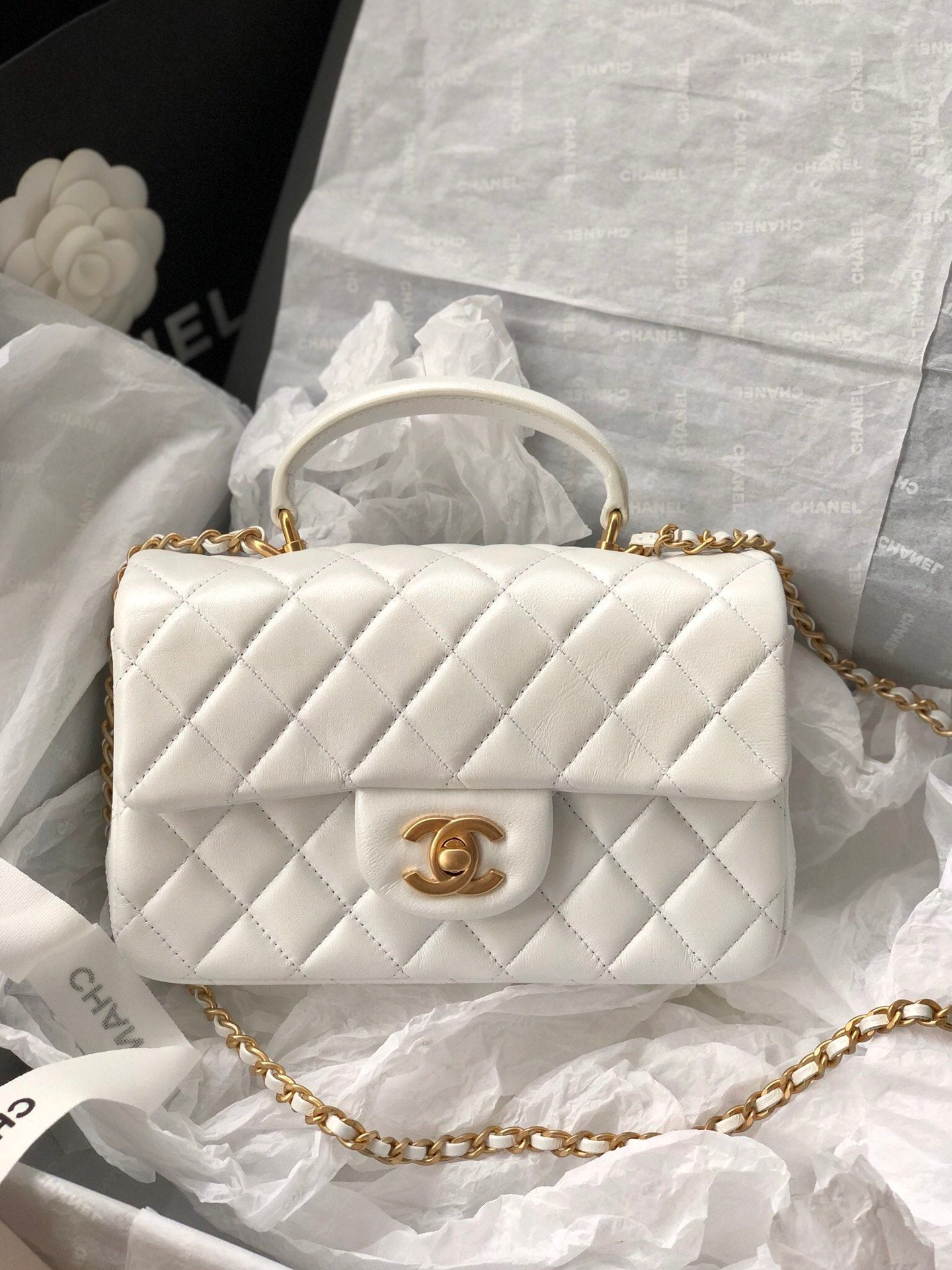 CHLMini GlamIap Bag With Top Handle White For Women 7.8in/20cm