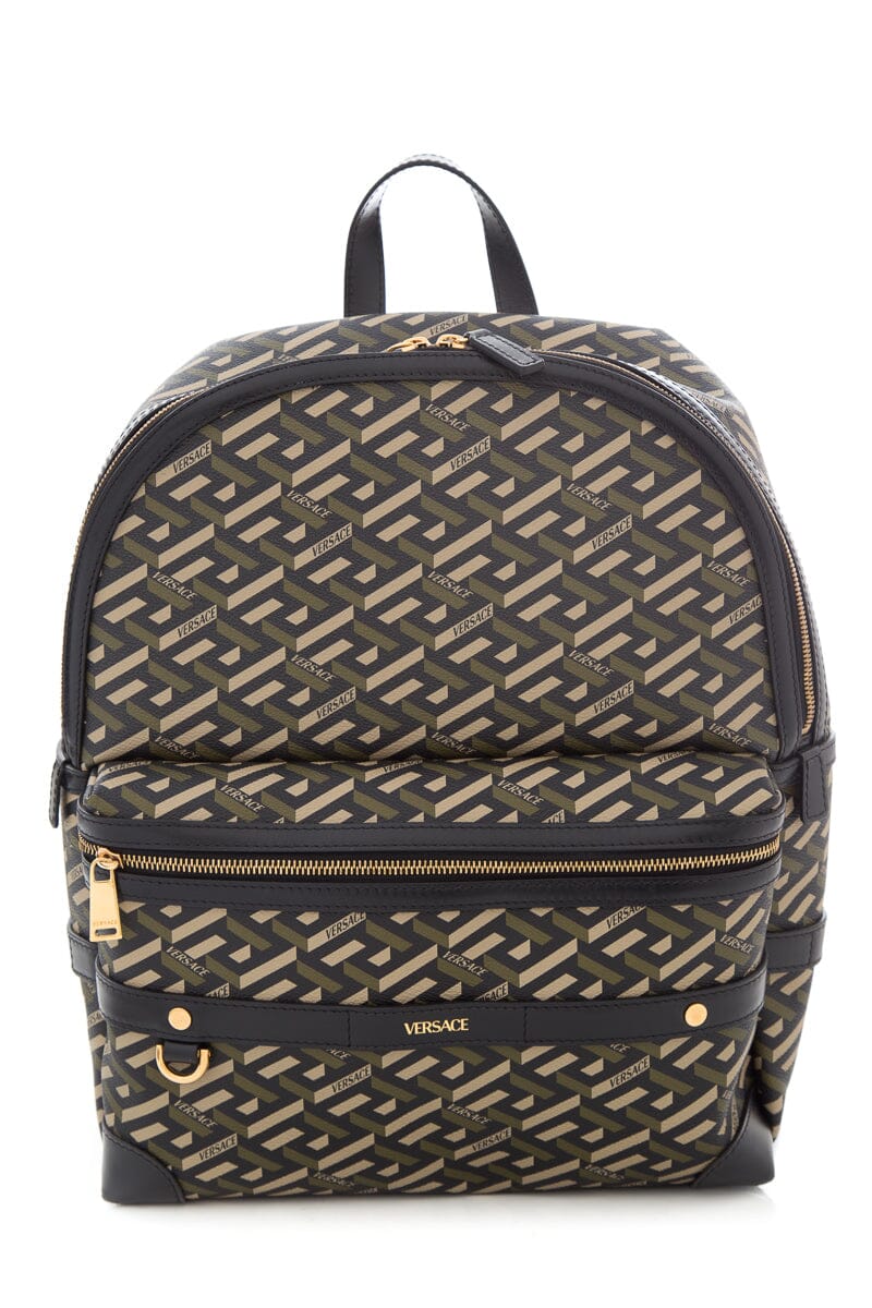 Versace Green & Black La Greca Coated Canvas Backpack