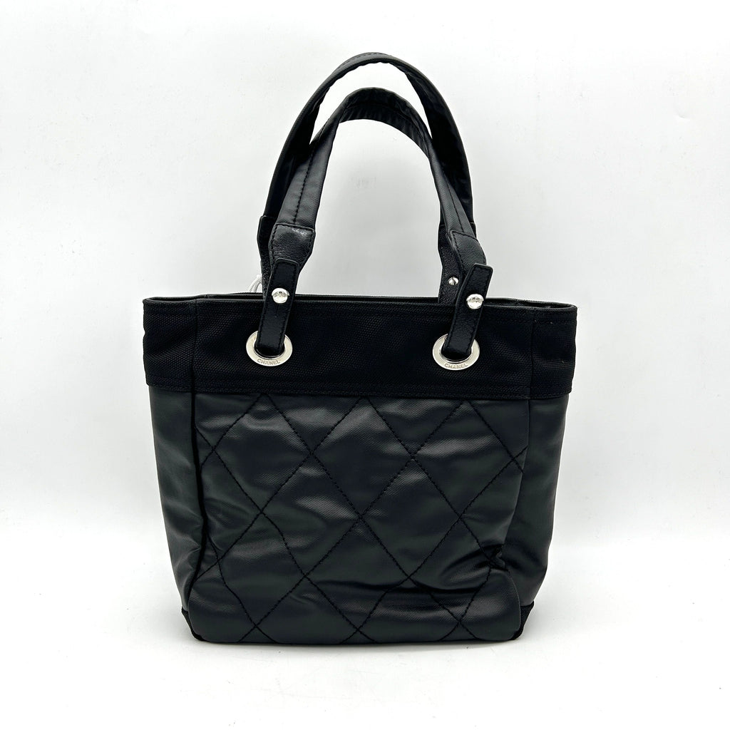 CHANEL Coated Canvas Leather Quilted Small Paris Biarritz Tote Black LA2976