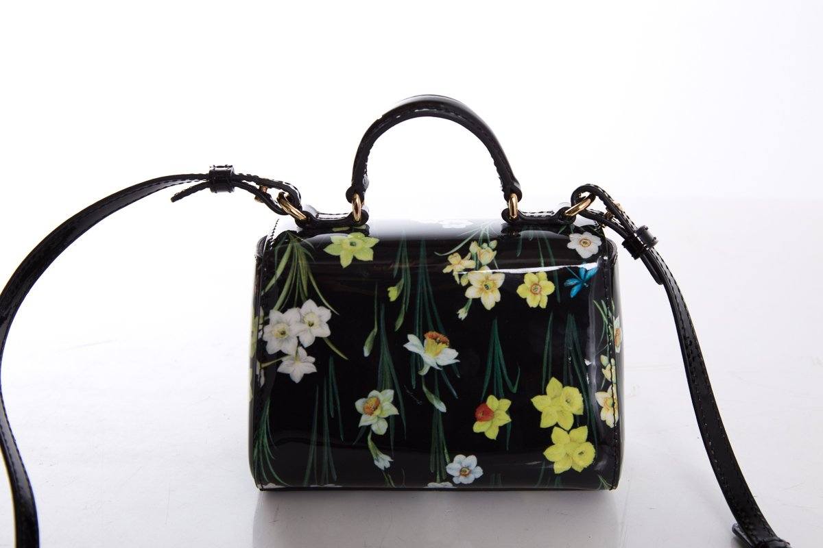 Dolce & Gabbana Black & Yellow Patent Leather Floral Motif Crossbody Bag