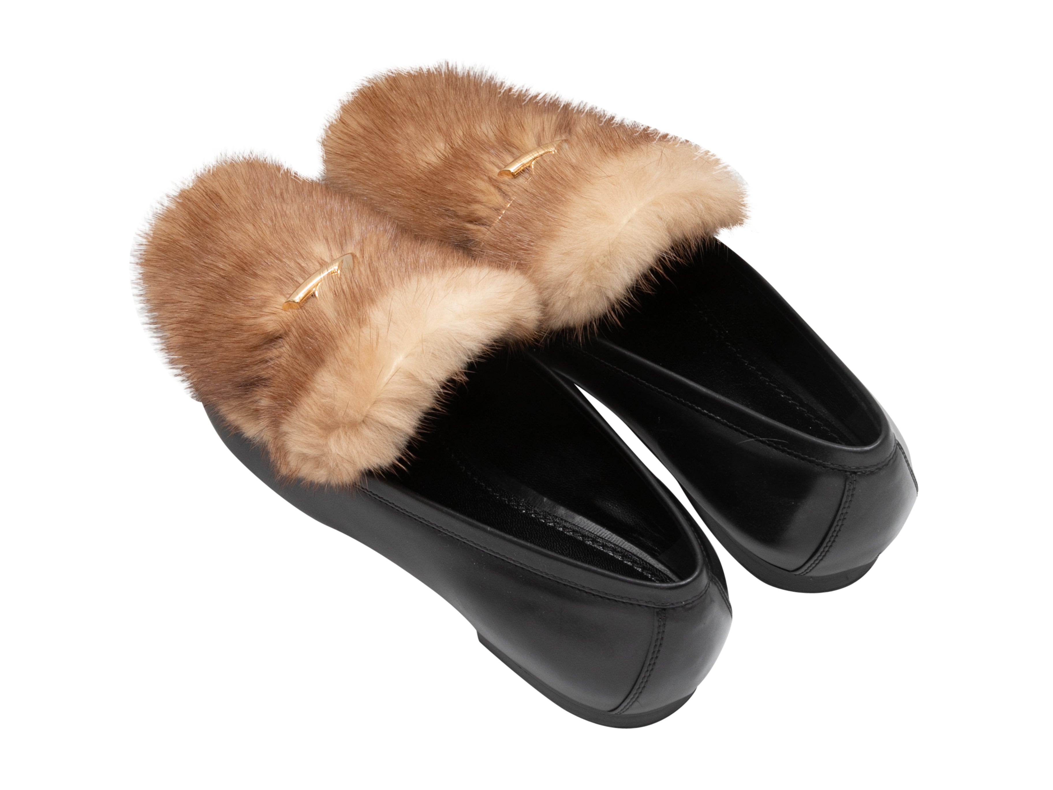 Black & Brown Louis Vuitton Leather & Mink Fur Monogram Loafers Size 40