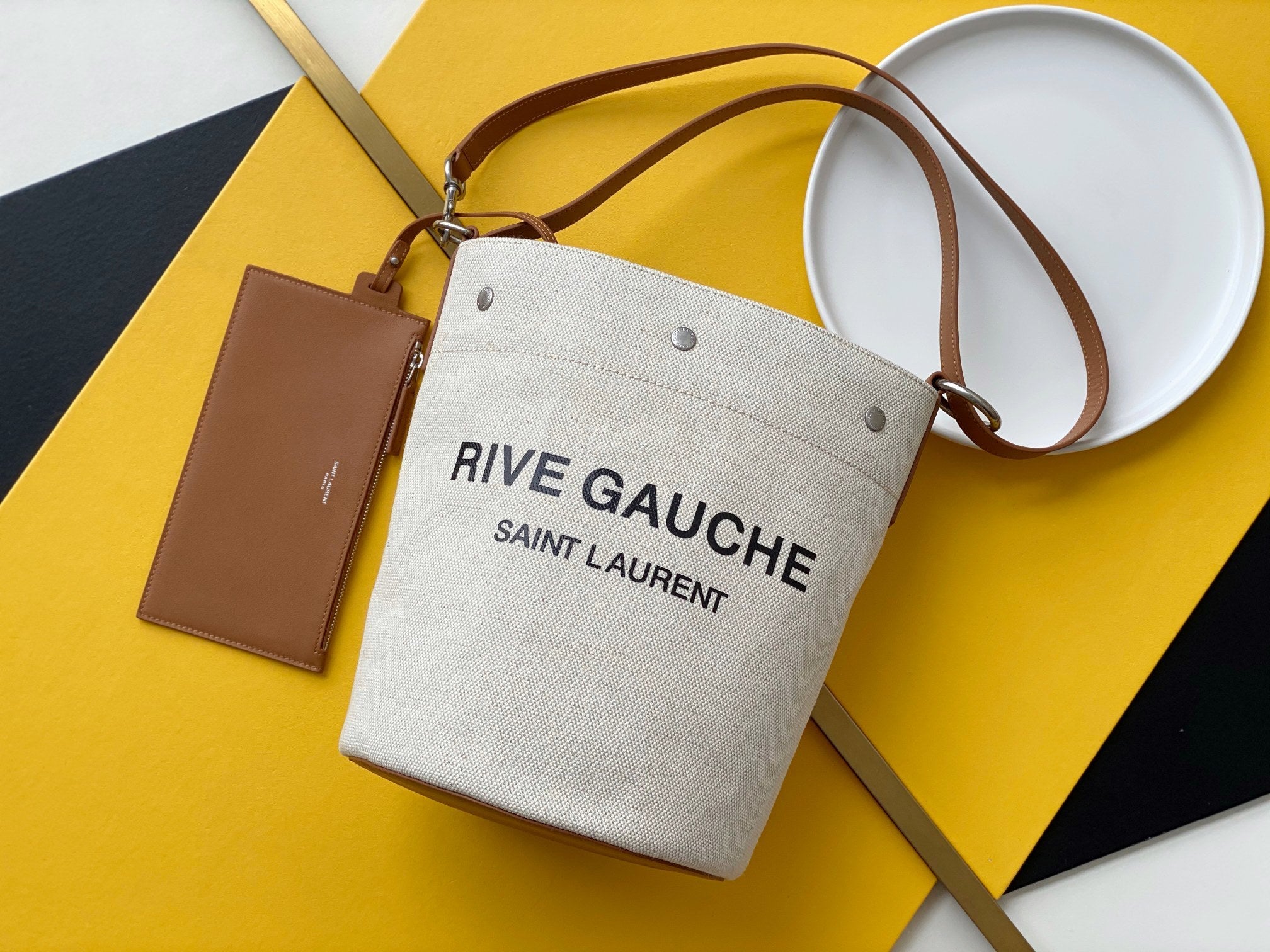 GLAMI Rive Gauche Bucket Bag In Linen With Brown Strap For Women 11.4in/30cm YSL 669299FAABK9053