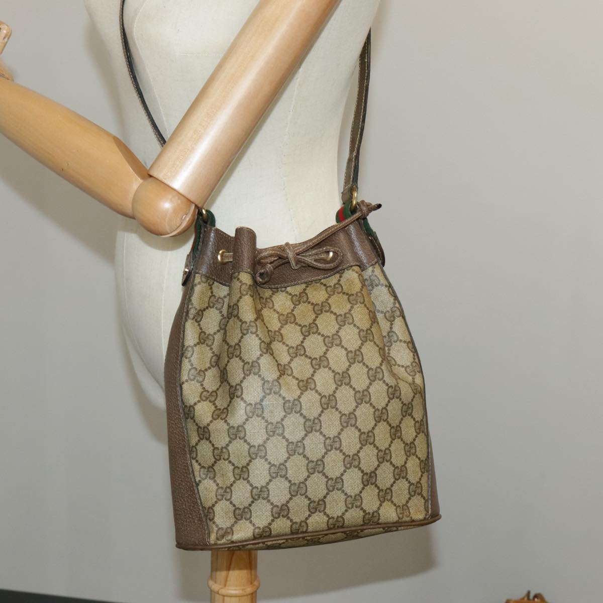 GUCCI GG Supreme Web Sherry Line Shoulder Bag PVC Beige 41 02 034 100025
