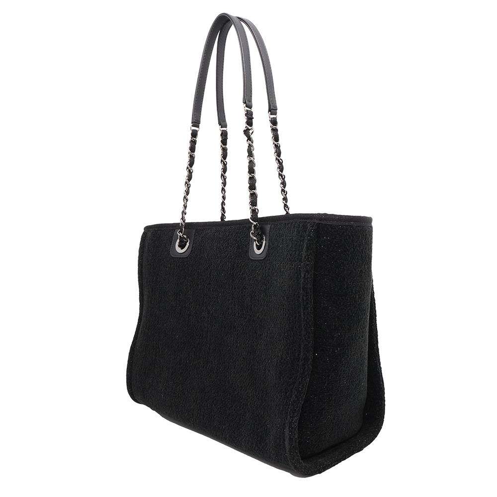 CHANEL Deauville ChainTote Bag Black Tweed Leather Size MM